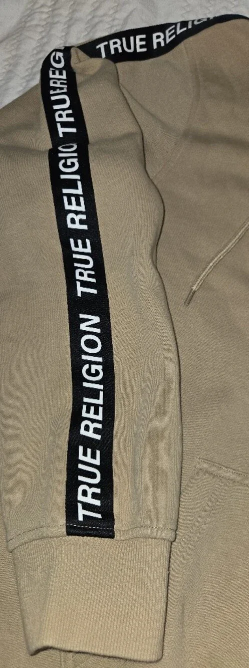 True Religion Men’s Tan Hoodie with Black Logo Tape